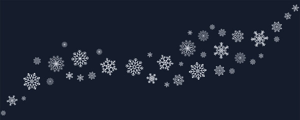 Curved arc made of snowflakes on dark background. Elegant winter ornament for seasonal greeting cards, invitations, packaging and festive design