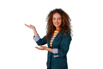 Woman presenting and smiling, showing open hands with empty copy space on transparent background for advertisement