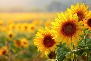 Obraz premium Close Up of Three Vibrant Sunflowers with Morning Dew in a Lush Green Field Bathed in Golden Sunlight