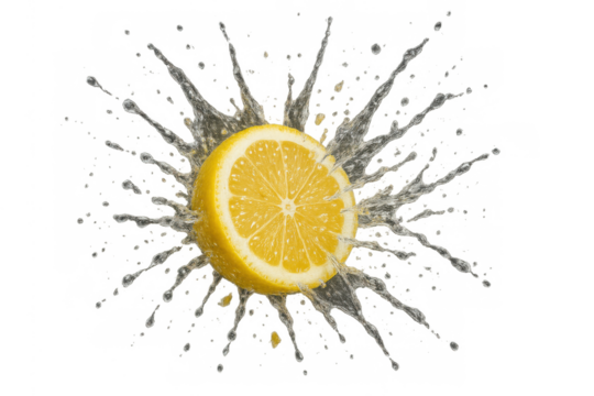 Lemon slice splashing into clear water, creating a refreshing burst and drops. Fresh citrus fruit on transparent background