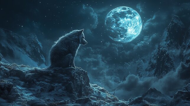 A lone wolf sits on a mountain under a full moon in a dark night sky isolated transparent png