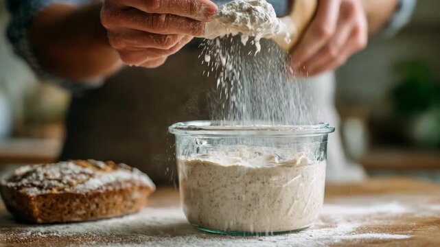 Closeup of a baker mixing rye flour and water to cultivate a bubbly sourdough starter in a glass jar showcasing the natural fermentation process at home.