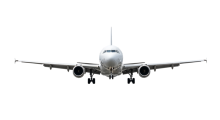 Front view of a white commercial passenger jet airplane, with engines and landing gear visible, isolated on transparent background. PNG
