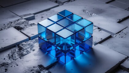 Przezroczysty, niebieski sześcian o szklanej strukturze