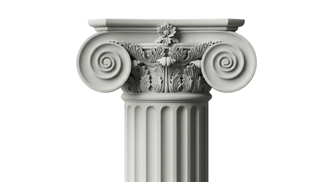 White Ionic Column Capital, with Acanthus Leaves and Volutes, isolated on transparent background. PNG