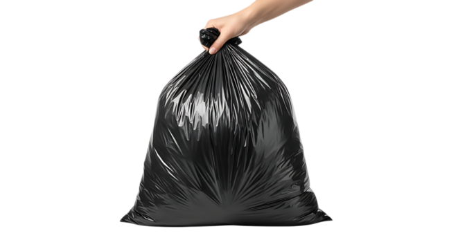 Hand, holding a full black garbage bag with a tied knot, isolated on transparent background. PNG