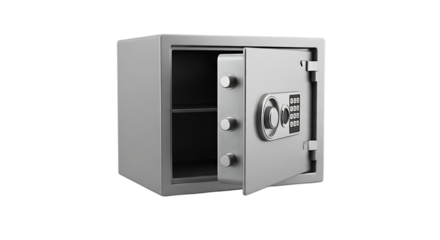 Open silver safe, with digital keypad and dial, isolated on transparent background. PNG