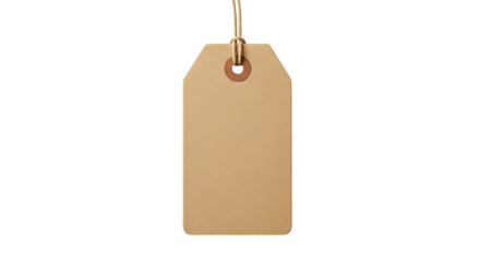Plain brown paper tag, with rounded corners and twine string attached, isolated on transparent background. PNG