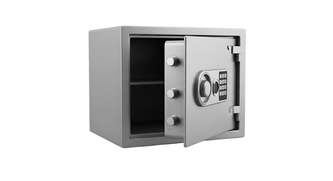 Open silver safe, with digital keypad and dial, isolated on transparent background. PNG