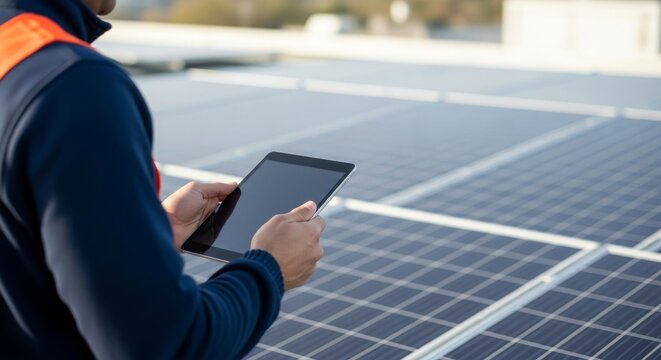 Man using tablet near solar panels, possibly inspecting or monitoring the system.