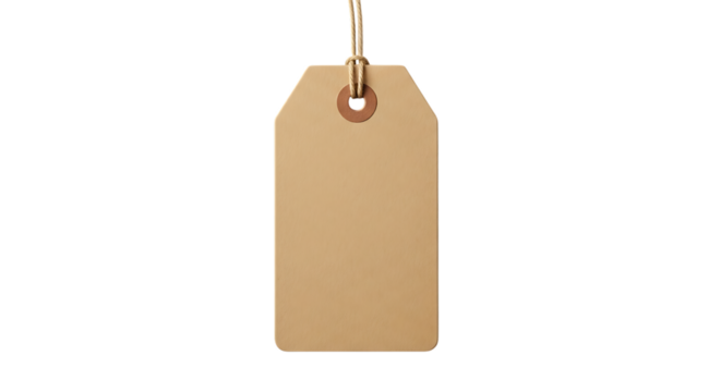 Plain brown paper tag, with rounded corners and twine string attached, isolated on transparent background. PNG - Powered by Adobe