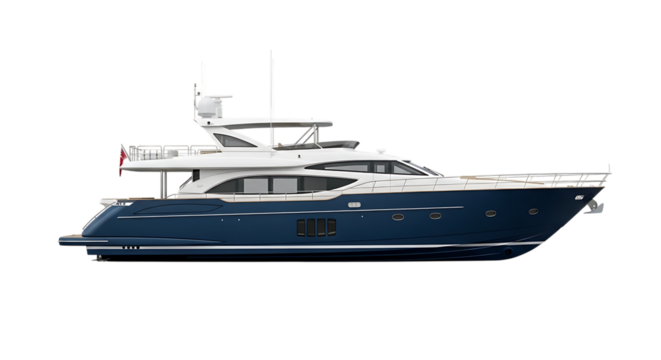 Luxury motor yacht, with dark blue hull and white superstructure, isolated on transparent background. PNG