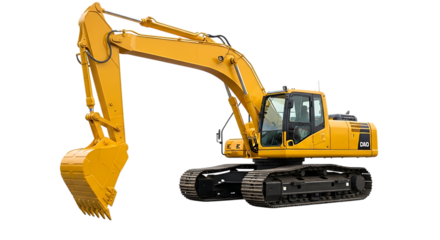 Yellow excavator, with articulated boom and bucket on tracks, isolated on transparent background. PNG