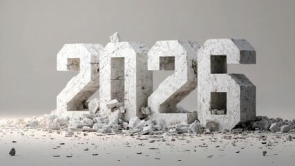 Crumbling 2026 concrete sculpture with debris and fragmenting blocks - Powered by Adobe