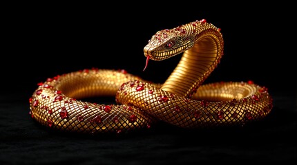 Fototapeta premium Ornate Golden Snake with Red Jewels on Black Background