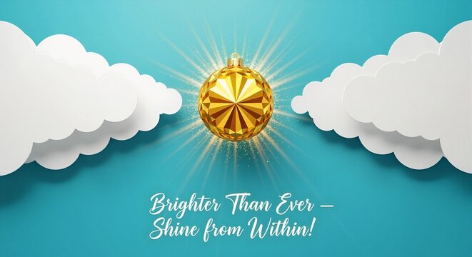 Golden Christmas ornament shining brightly between paper clouds. Inspirational holiday decoration with motivational quote. Festive background for greeting card or banner - Powered by Adobe