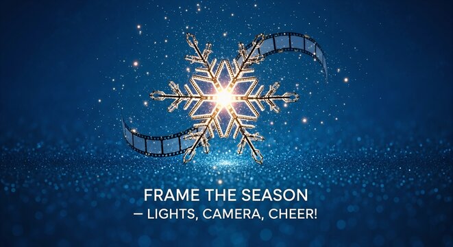 Festive Christmas snowflake wrapped in film strip on sparkling blue background. Holiday movie and cinema celebration. Winter entertainment event invitation