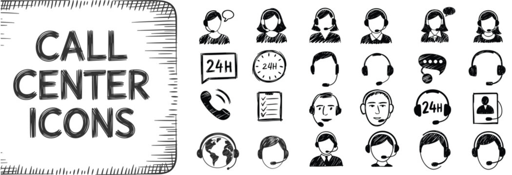 Hand-drawn black and white call center icon set with headsets, speech bubbles, support profiles, and 24H symbols, customer service concept - Powered by Adobe
