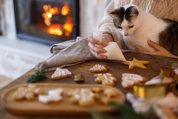 Woman with cute cat making gingerbread christmas cookies together. Hands decorating cookies with icing on table with sweet cat against fireplace, atmospheric eve. Winter holiday preparation