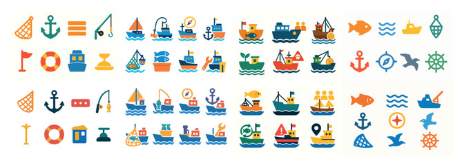 Obraz premium Colorful nautical icons collection for marine themes