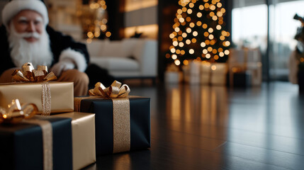 Santa Claus is seen organizing beautifully wrapped presents near a glowing Christmas tree, embodying the joy and excitement of the festive season for children and families.