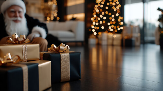 Santa Claus is seen organizing beautifully wrapped presents near a glowing Christmas tree, embodying the joy and excitement of the festive season for children and families.