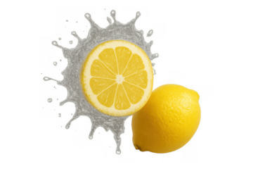 Ripe yellow lemons with a dynamic water splash, highlighting juicy freshness, healthy eating, and sweet and sour taste