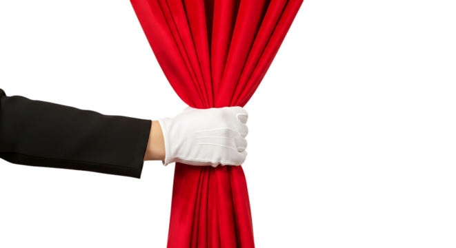 Hand, In white glove pulling open red velvet theater curtain, isolated on white or transparent background. PNG - Powered by Adobe