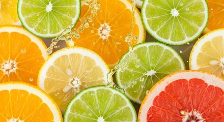 Closeup of assorted citrus fruit slices with water splashes, vibrant and refreshing