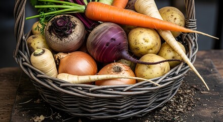 Wicker basket filled with fresh, earthy root vegetables like carrots, beets, and potatoes