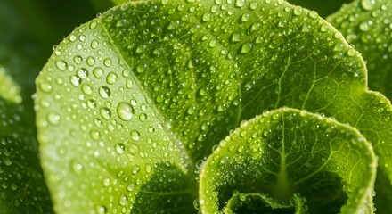 Closeup of vibrant green lettuce leaves covered in sparkling water droplets