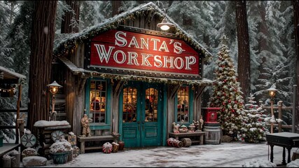Santa's workshop in a snow forest, snow falling, Christmas - Powered by Adobe