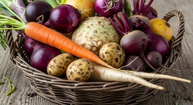Basket of fresh root vegetables including carrots, beets, and onions