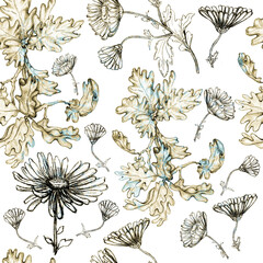 Seamless Pattern with Chrysanthemum and Oak