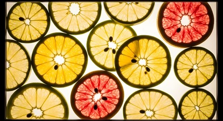 Closeup of backlit citrus fruit slices, including grapefruit and lemon, against a white background