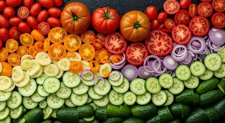 Colorful arrangement of tomatoes and sliced cucumber and onion, forming a rainbow pattern