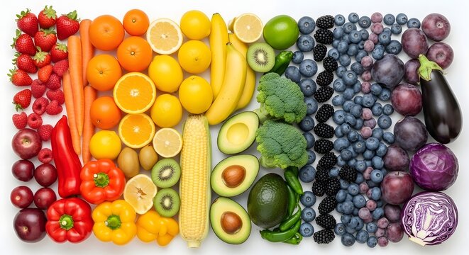 Assortment of fresh fruits and vegetables arranged by color on a white background