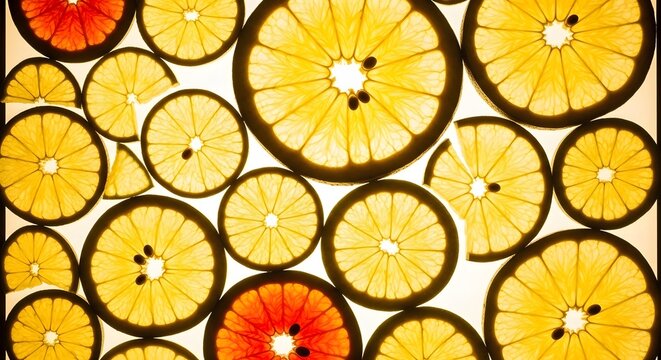 A vibrant background of backlit citrus fruit slices, including oranges and lemons