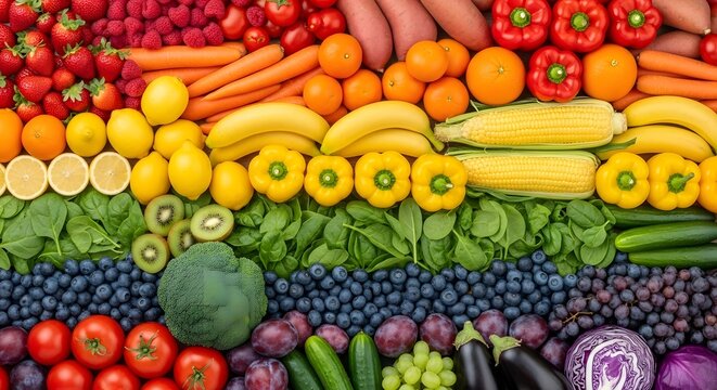 A colorful rainbow of fresh fruits and vegetables neatly arranged in rows