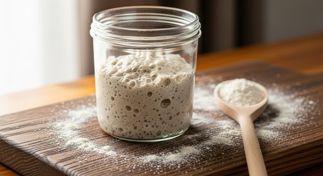 In a bright kitchen, a glass jar holds a bubbling sourdough starter resting on a wooden cutting board. Flour is scattered around, and a wooden spoon sits next to the jar, ready for baking.