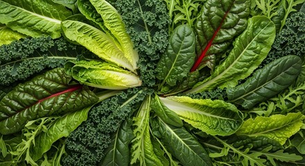 A vibrant arrangement of fresh green leafy vegetables, including kale and romaine, artfully arranged in a circular pattern