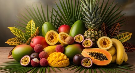 A vibrant assortment of tropical fruits and palm leaves arranged on a wooden surface