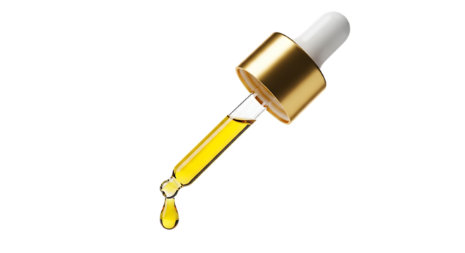 Dropper, Gold with yellow liquid and a falling drop, isolated on white or transparent background. PNG