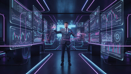 Futuristic digital control room with glowing blue interface panel technology security surveillance data center monitoring