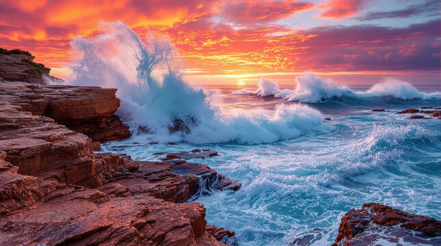 Dramatic ocean wave crashing against rocky coastline at sunset with powerful water splash and vibrant sky color