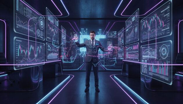 Futuristic digital control room with glowing blue interface panel technology security surveillance data center monitoring