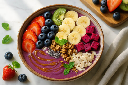 Acai smoothie bowl with banana blueberry raspberry granola and seed topping in wooden bowl healthy breakfast