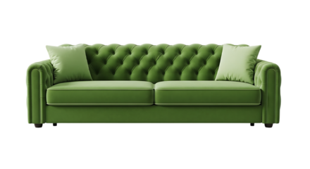 Sofa, Green tufted velvet with two light green throw pillows, isolated on white or transparent background. PNG