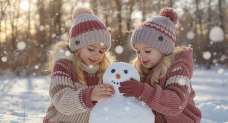 Two children wearing knitted hat and sweater build snowman together outdoor winter scene snowy forest background bokeh light effect