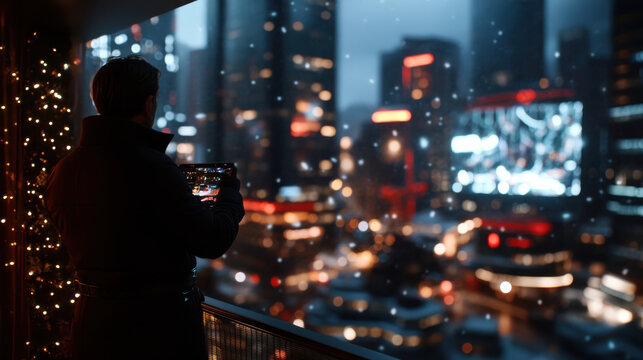 A man stands on a balcony, capturing a snowy urban cityscape adorned with colorful lights, creating a cozy winter atmosphere that evokes feelings of nostalgia and wonder.